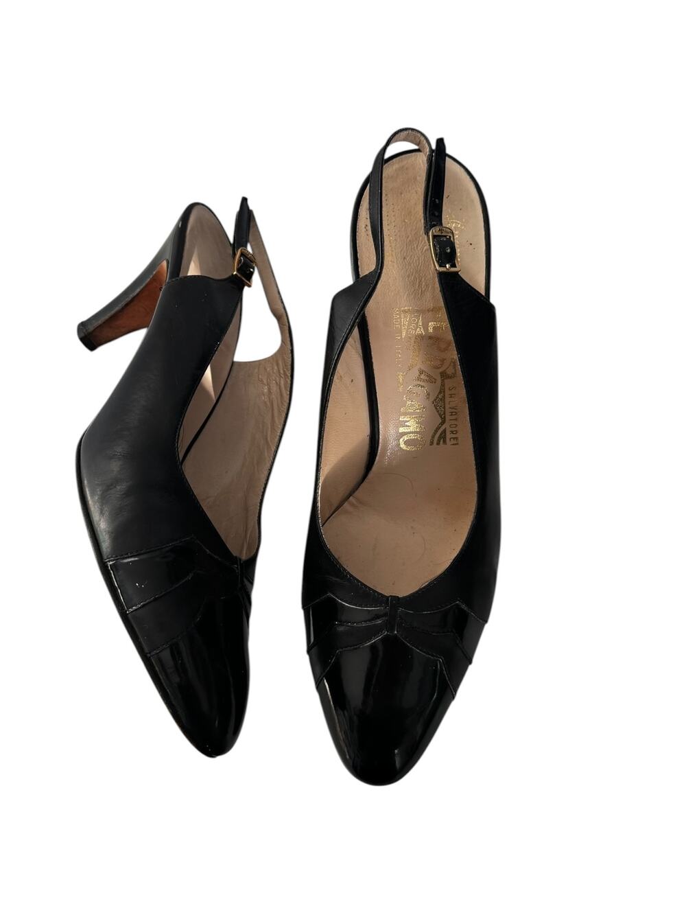Vintage 1980s Salvatore Ferragamo Black Leather Slingback Heels Size 8B Italy